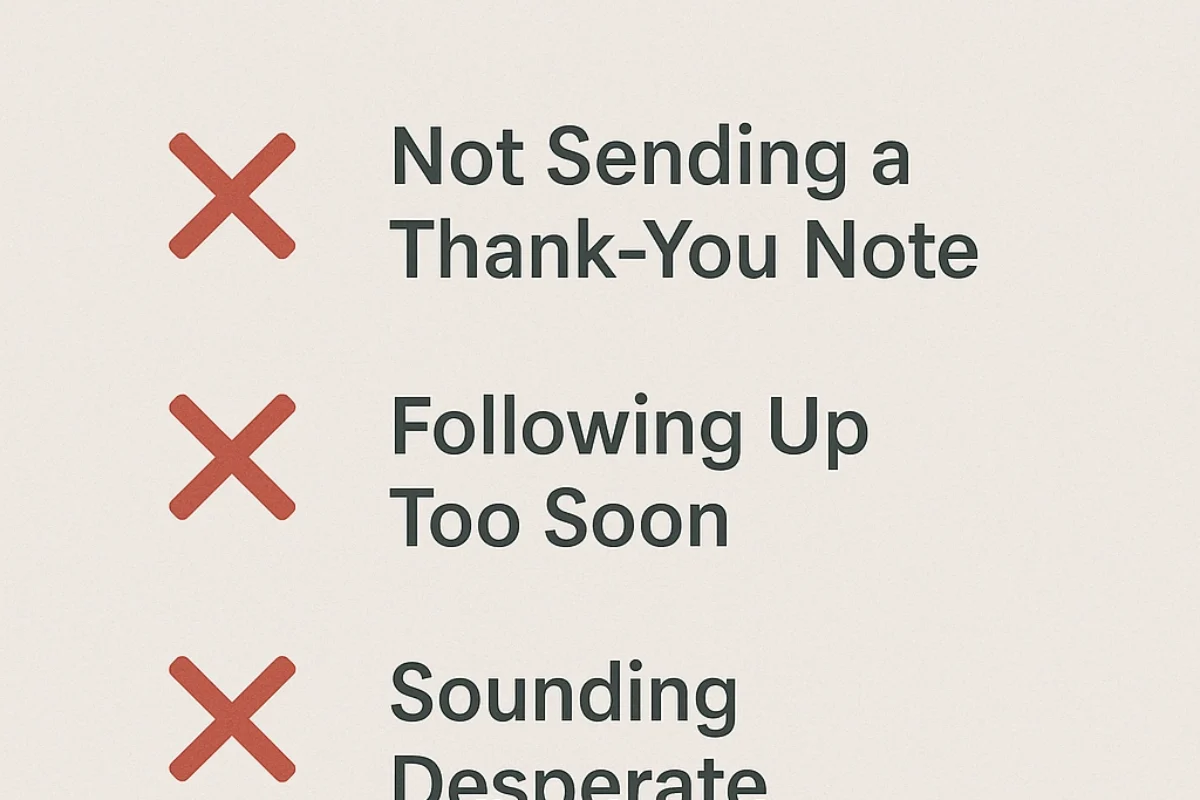 A list of common interview follow-up mistakes with red X marks next to each.