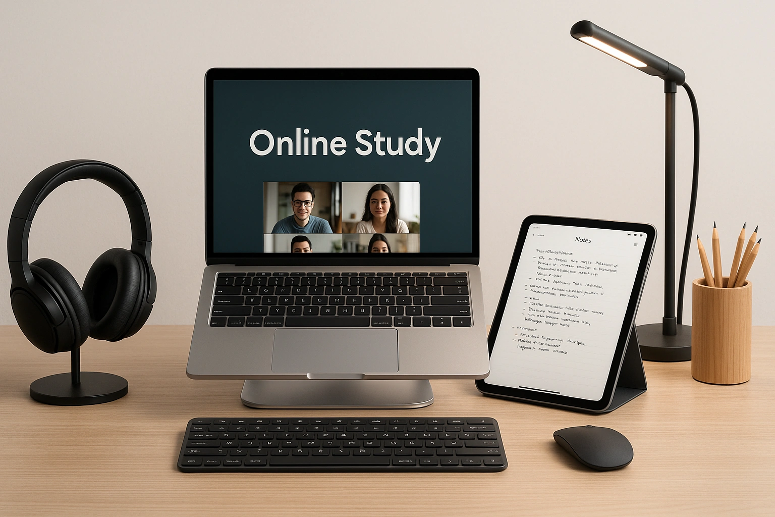 A modern desk setup with the best remote learning tools for online study, including a laptop, tablet, and headphones.