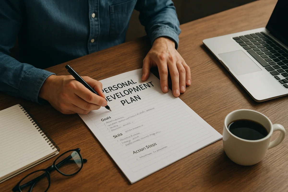A person actively working on a personal development plan at their desk, showcasing proactive career growth and skill acquisition.