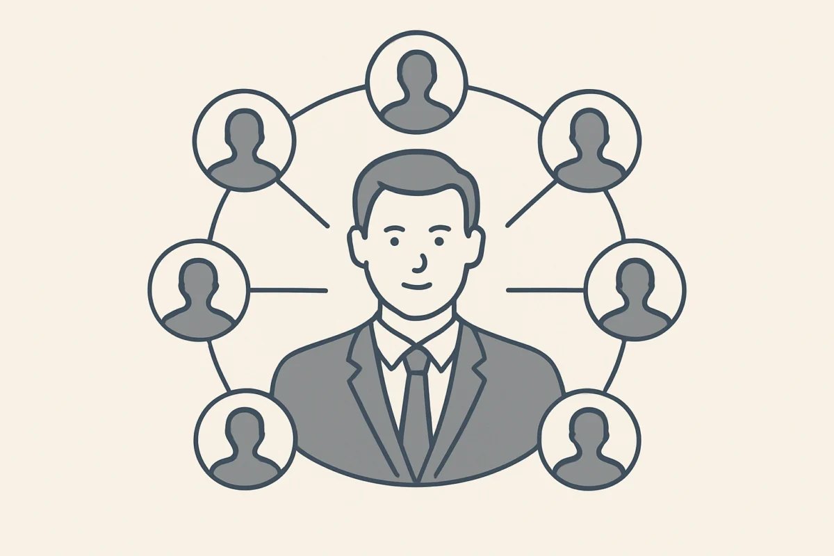 A person at the center of a professional network, symbolizing the core of a strong personal brand.