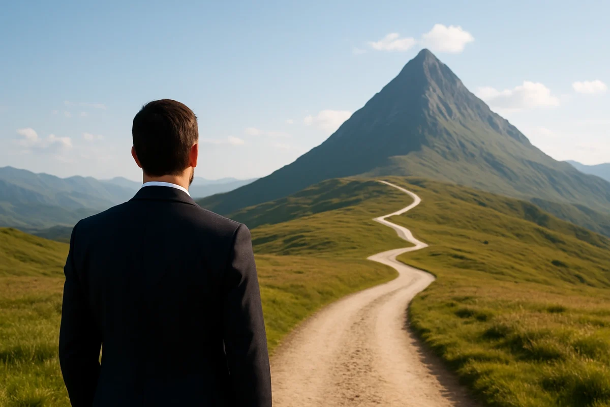 A person looking at a mountain peak in the distance, with a clear path laid out before them, symbolizing long-term career goals.