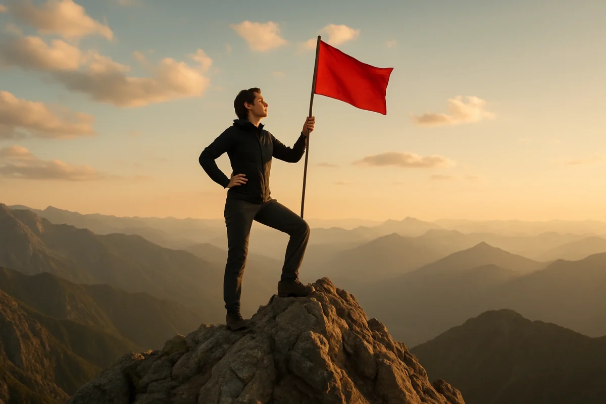 A person successfully planting a flag on a summit, representing the achievement of their long-term career goals through planning and perseverance.