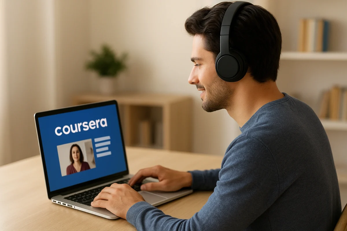 A person using a laptop and headphones to engage with one of the best online learning platforms.