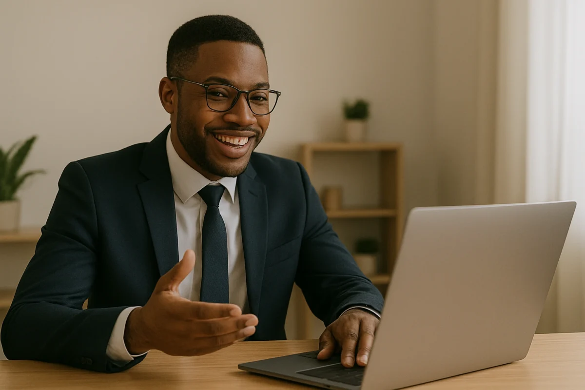 A professional candidate having a successful video interview on a laptop.