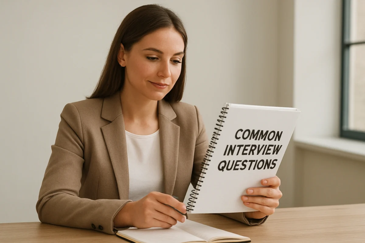 A professional confidently preparing for common interview questions to succeed in their job search.