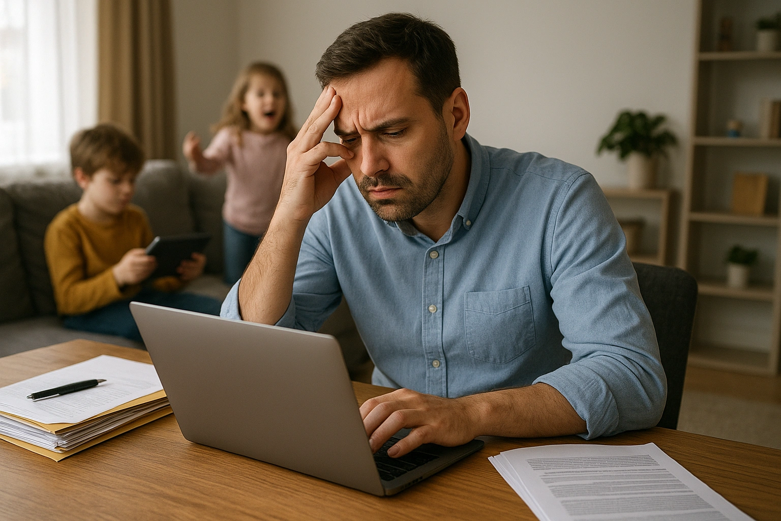A professional facing common remote learning challenges while trying to balance a laptop, work files, and family life.