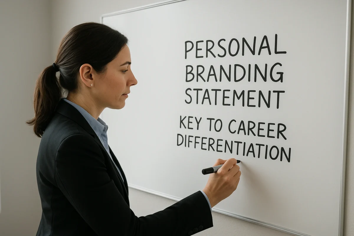 A professional writing their personal branding statement on a whiteboard, a key to career differentiation.