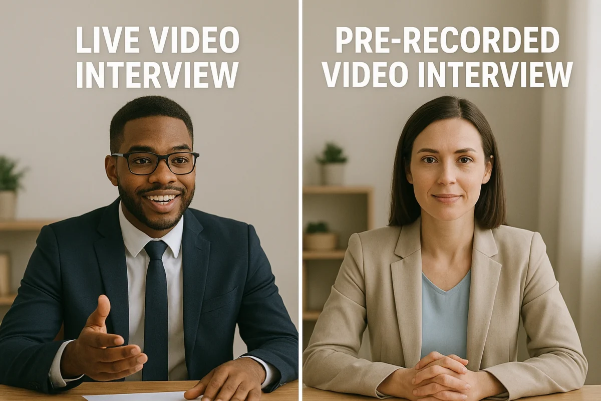A split screen showing a live video interview on one side and a pre-recorded one on the other.