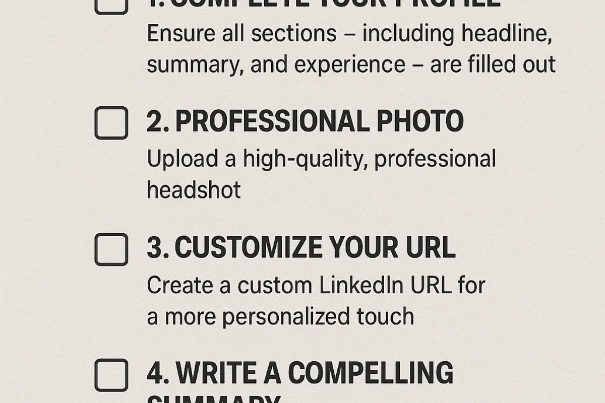 A step-by-step checklist for optimizing a LinkedIn profile to enhance professional networking.