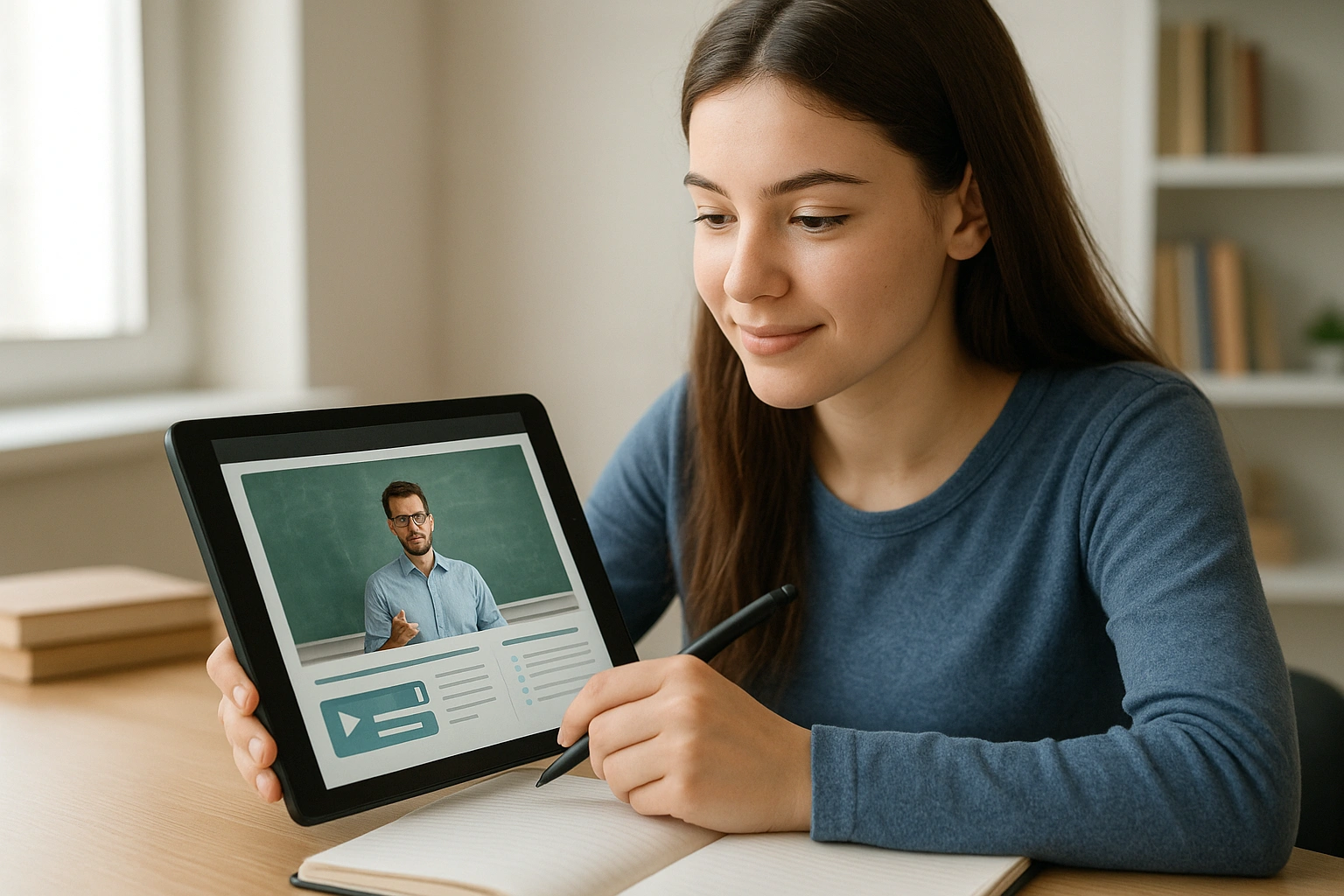 A student productively using online learning tools on a tablet.