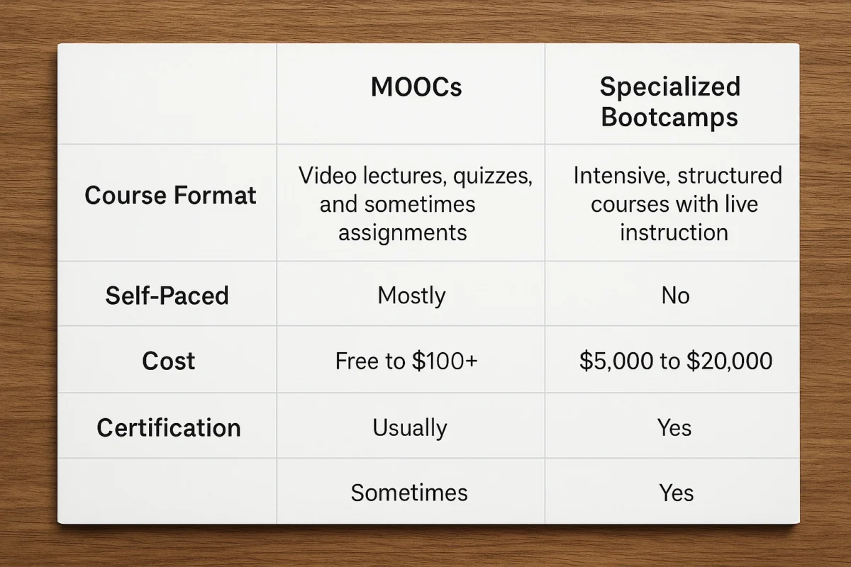 A table comparing different types of learning platforms, including MOOCs, skill marketplaces, and specialized bootcamps.
