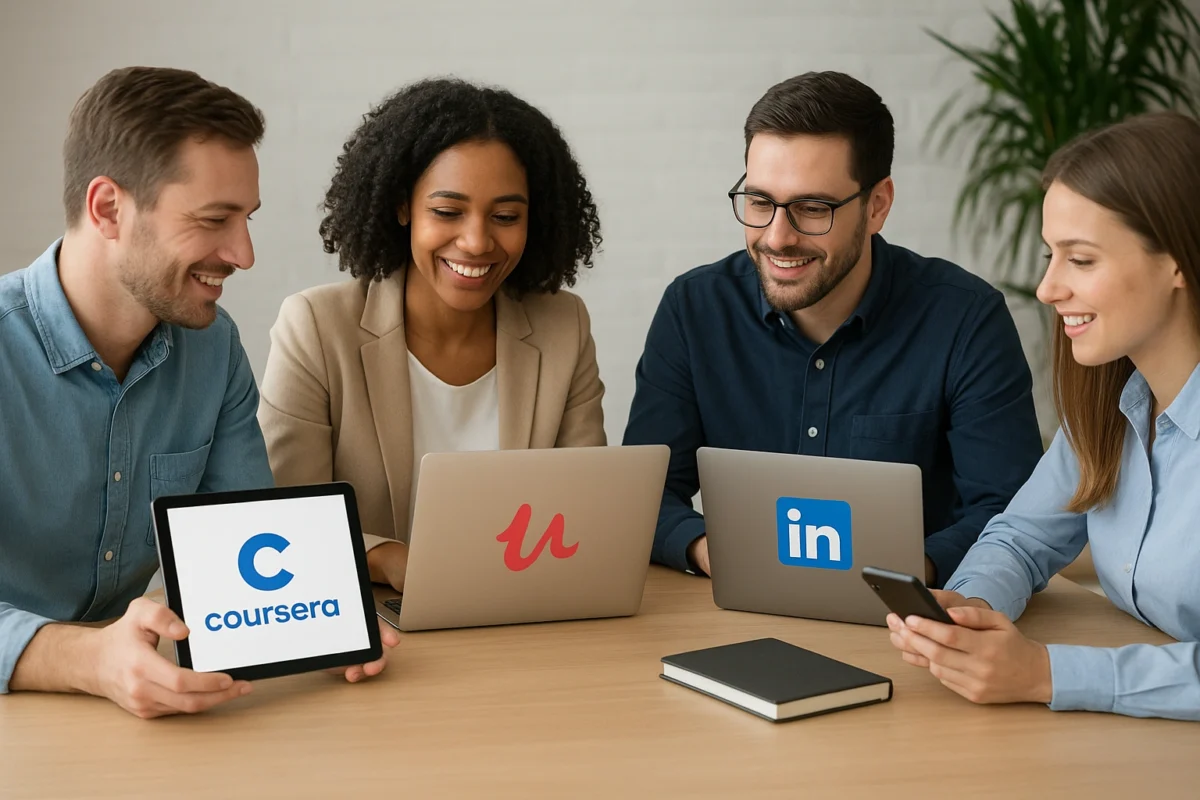 A team collaborating and learning together using various e-learning platforms on their devices.