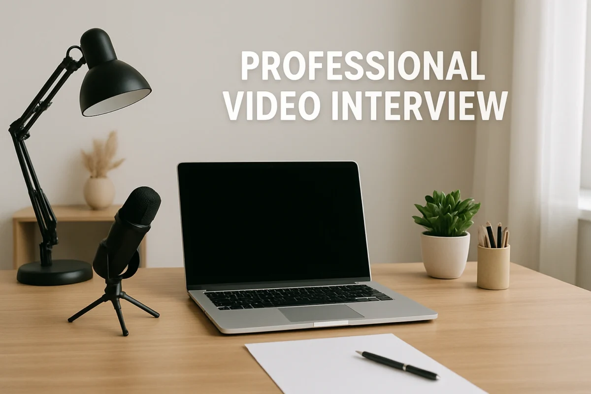 A well-lit and organized home office desk prepared for a professional video interview.