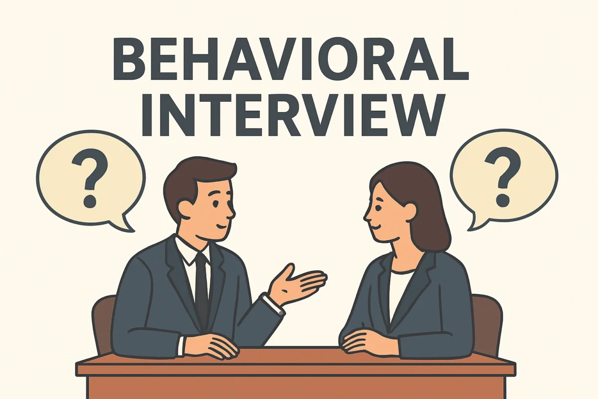 An illustration explaining the concept of a behavioral interview with question marks and speech bubbles.