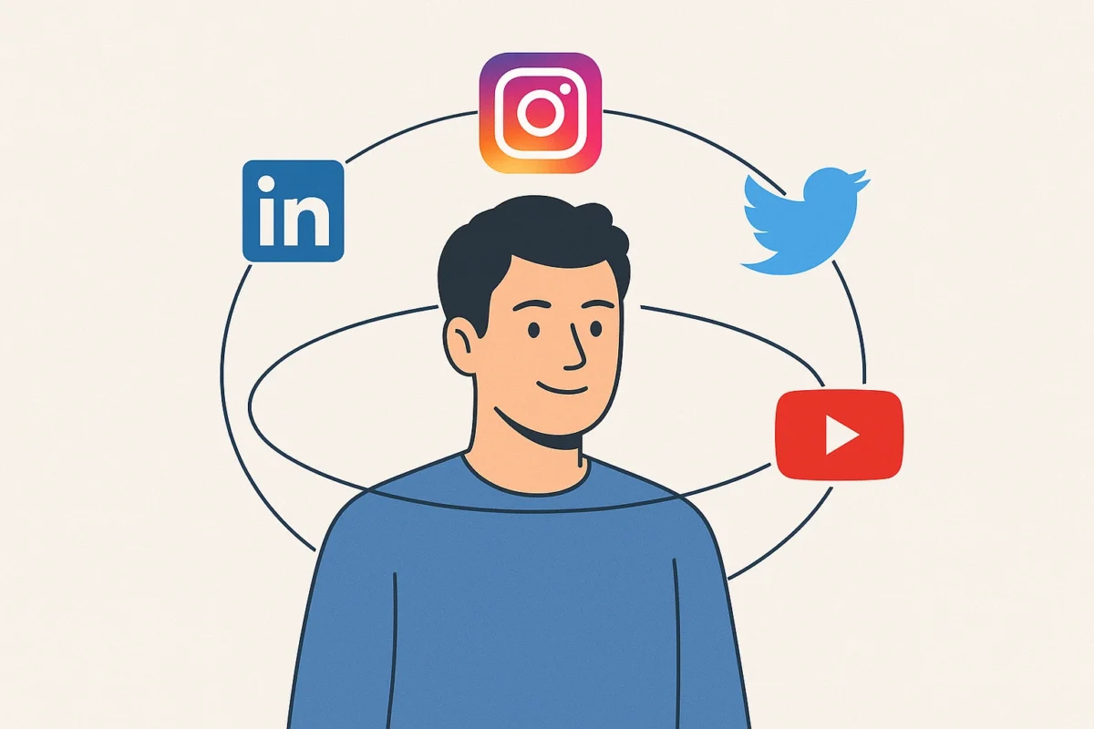 An illustration of various social media icons orbiting a person, representing social media branding.