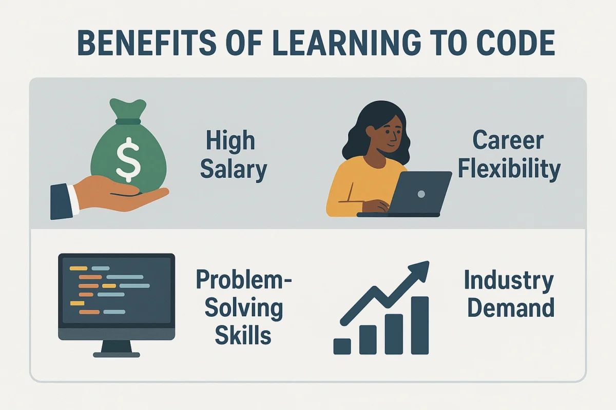An infographic showing the benefits of learning to code, including high salaries and career flexibility.