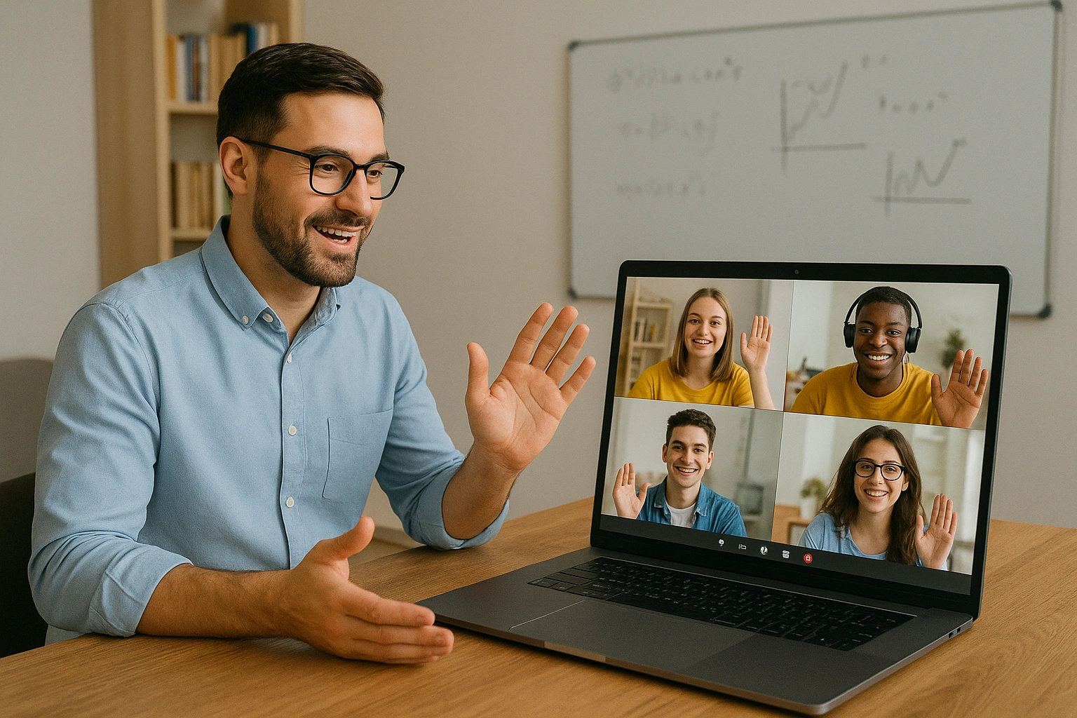 An instructor leading an engaging virtual classroom with active student participation shown on screen.