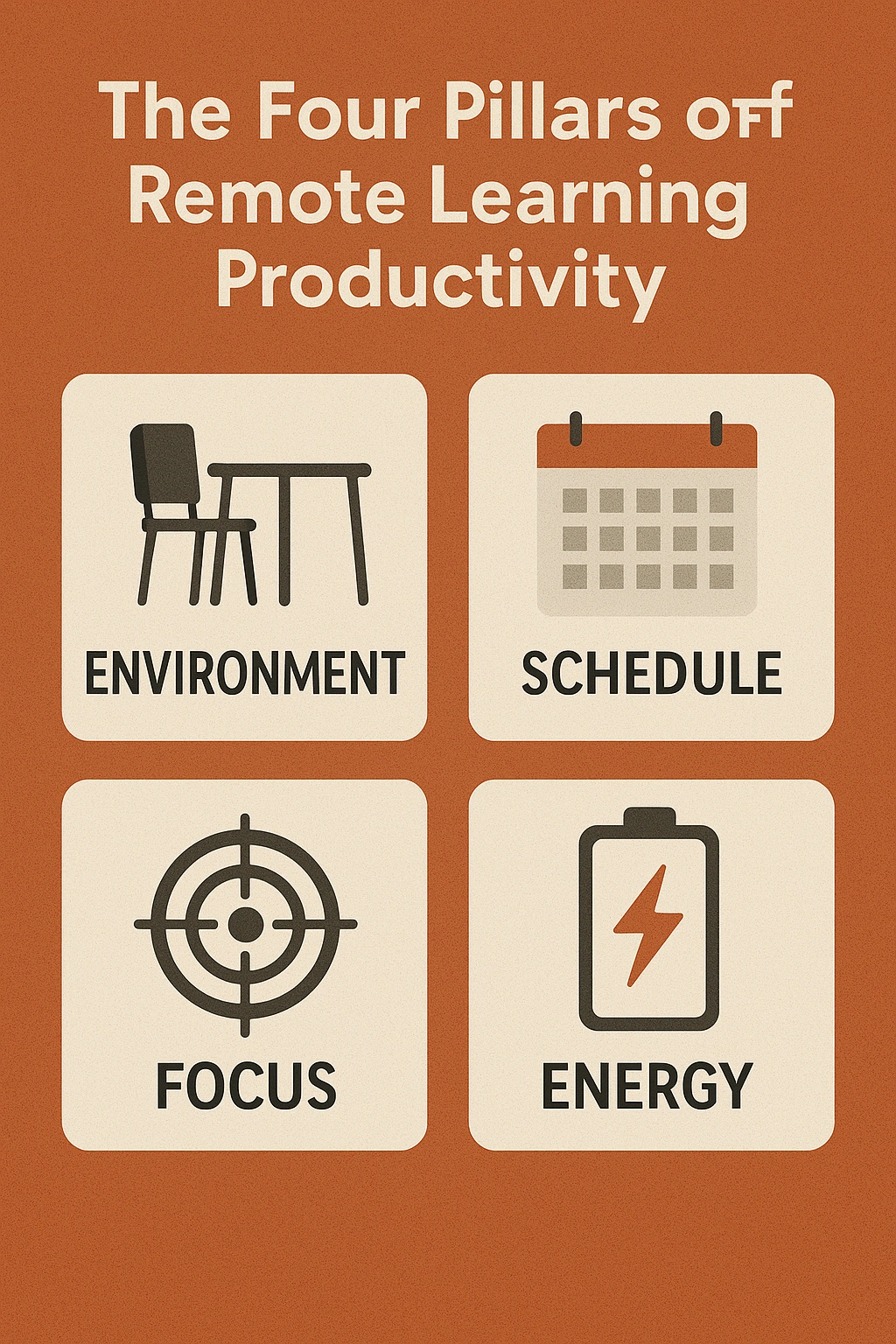 The four pillars of remote learning productivity Environment, Schedule, Focus, and Energy.