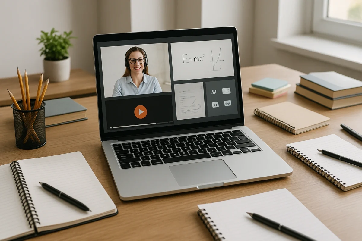 A well-organized desk setup for online education, showing a laptop screen displaying multiple remote learning tools, surrounded by notebooks and study materials, highlighting a productive remote learning envir