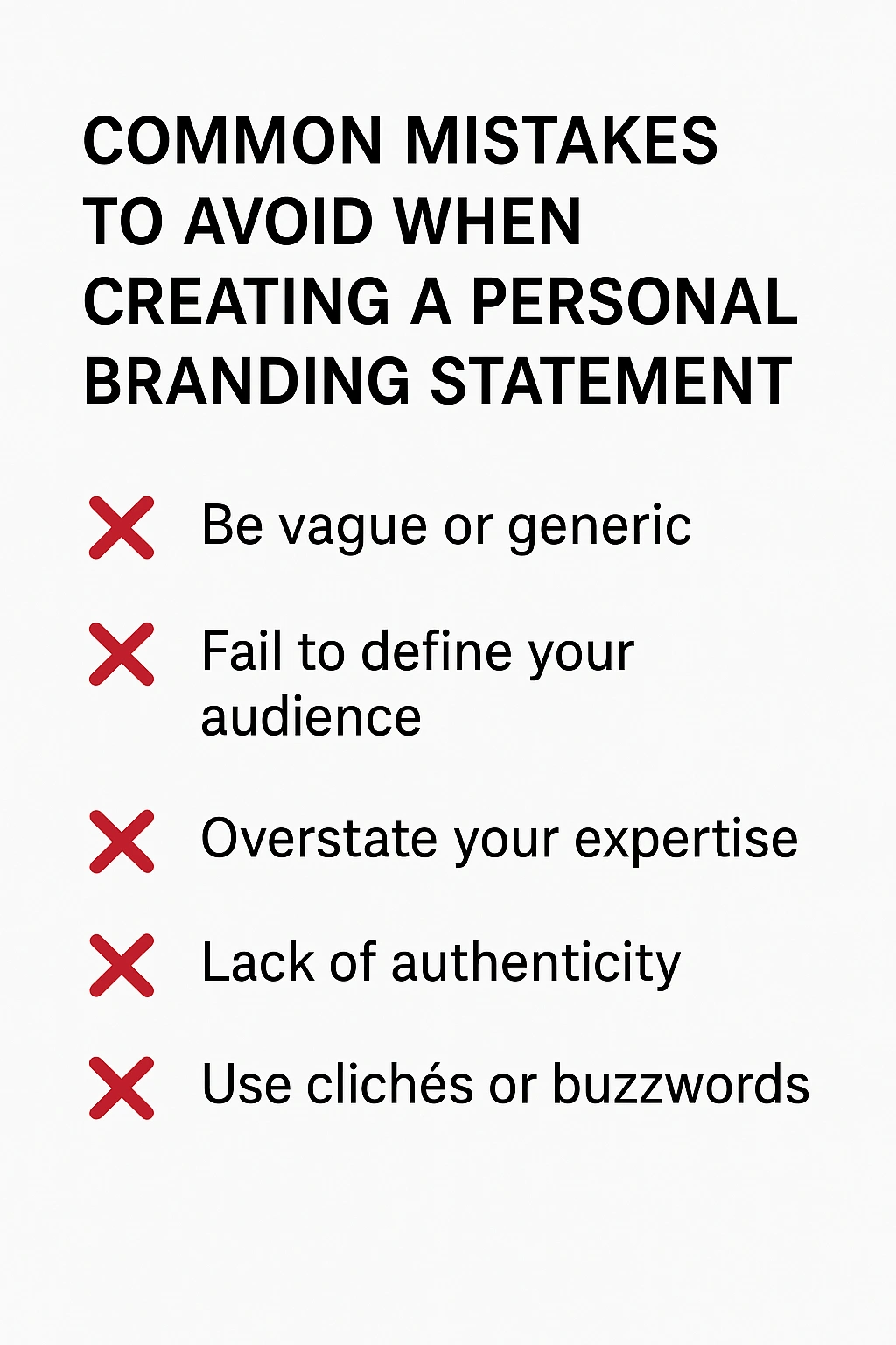 A list of common mistakes to avoid when creating a personal branding statement, each with a red 'X'.