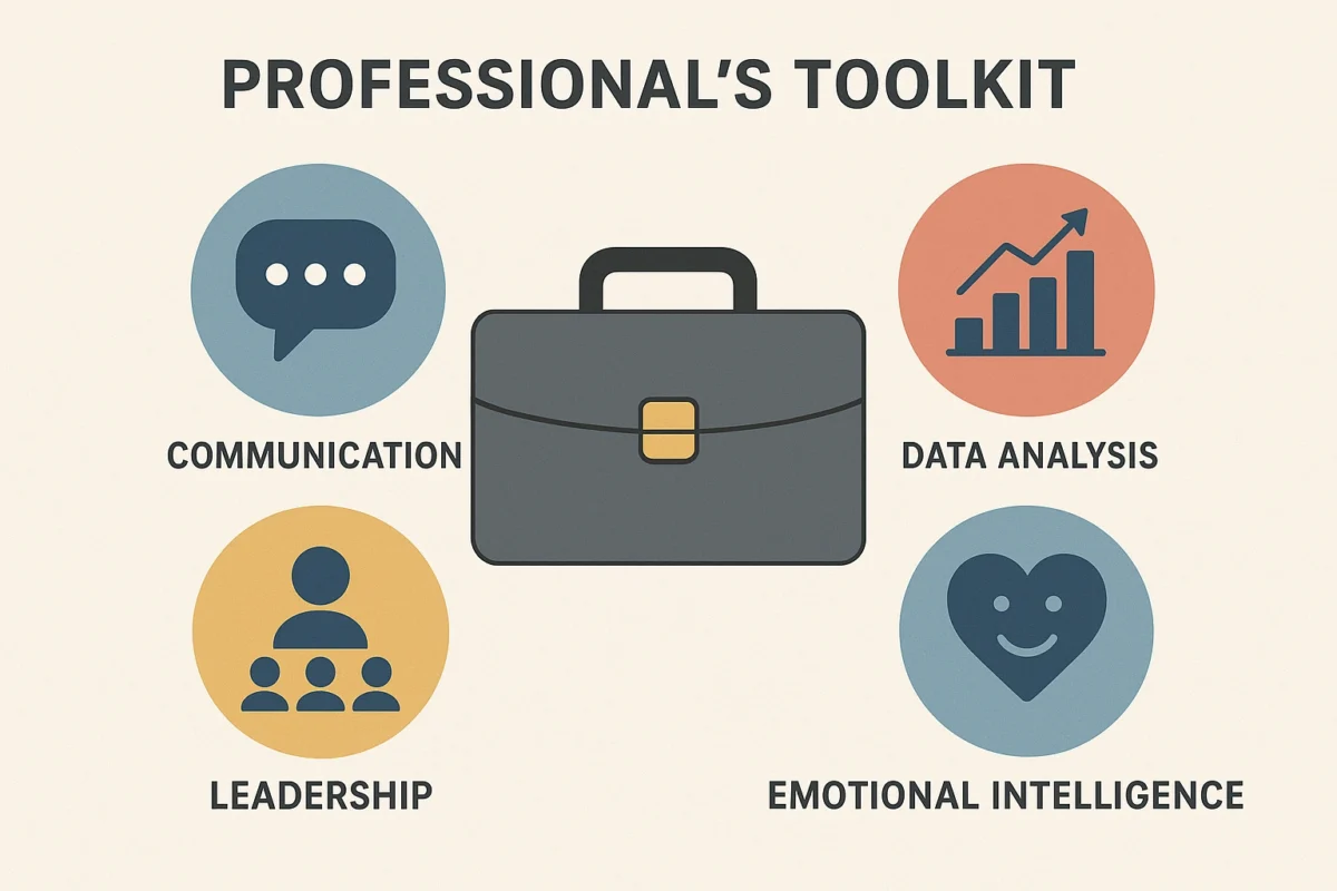A professional's toolkit with icons for various professional skills like communication, data analysis, and emotional intelligence.