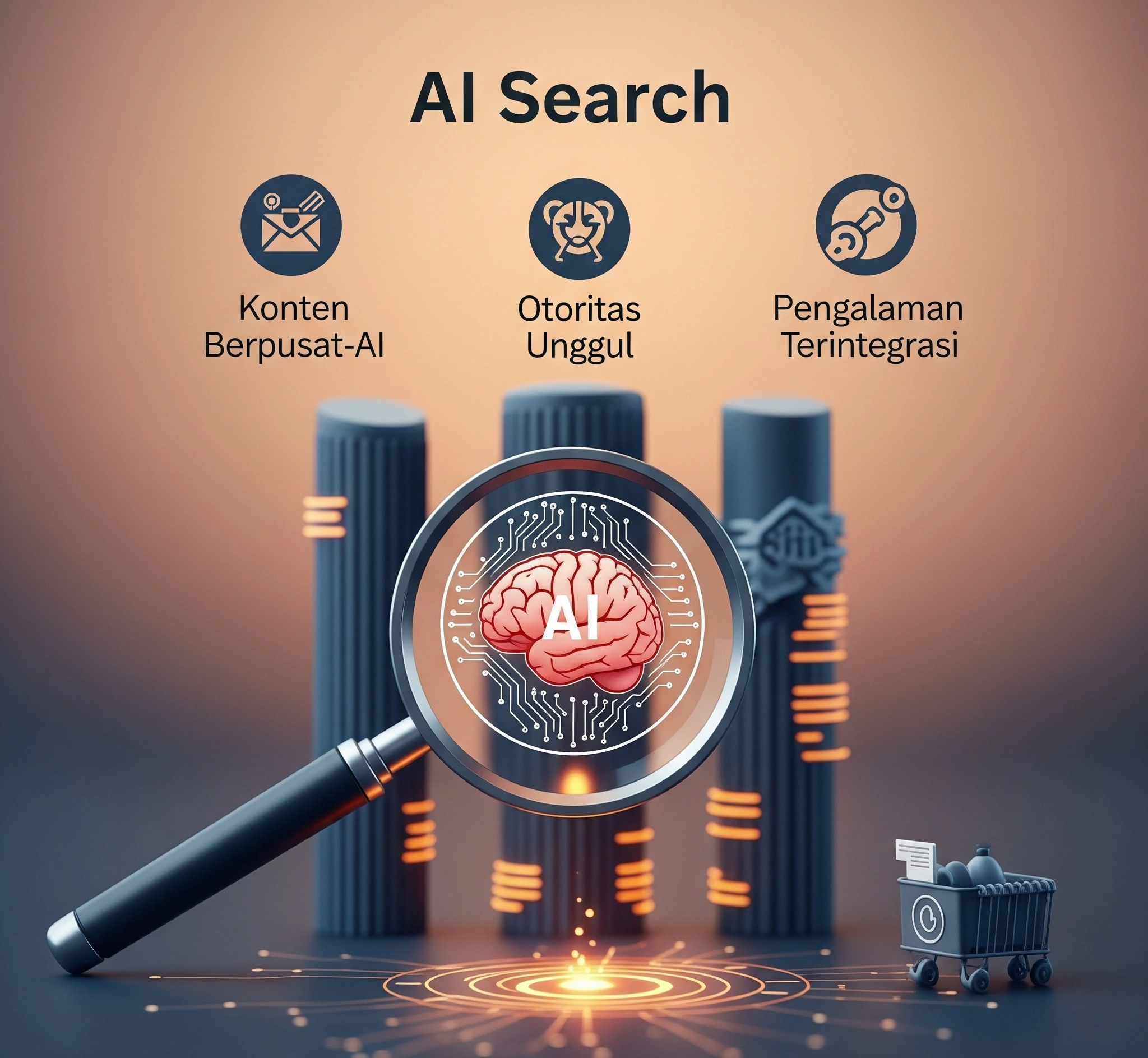 Gambar kaca pembesar dengan ikon otak AI yang fokus pada target, dengan tiga pilar berlabel 'Konten Berpusat-AI', 'Otoritas Unggul', dan 'Pengalaman Terintegrasi'. Visual ini menggambarkan framework untuk menguasai AI Search.