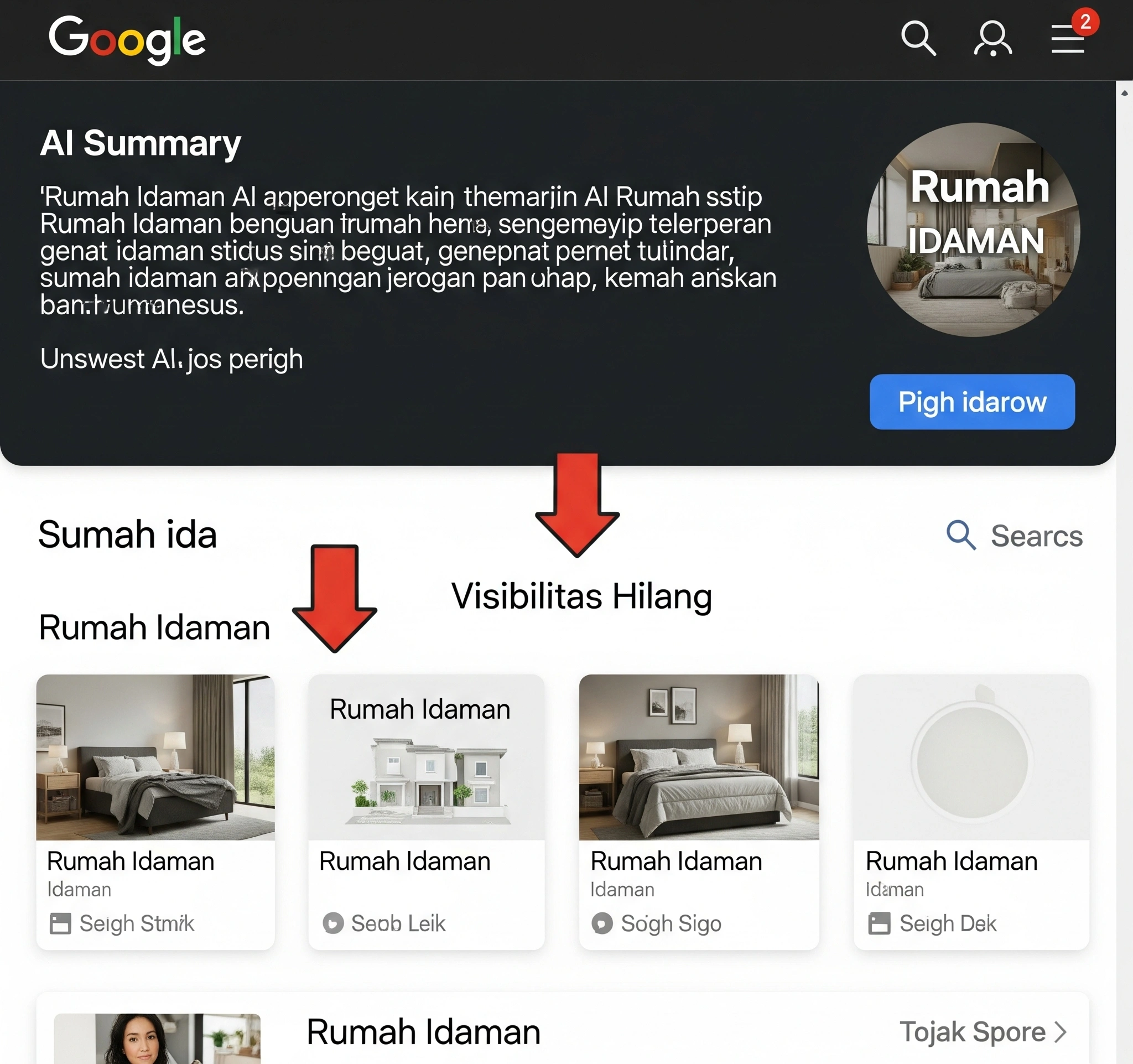 Halaman Hasil Pencarian Google dalam Mode AI, menampilkan cuplikan ringkasan secara mencolok di bagian atas. Ringkasan dihasilkan dari situs kompetitor, dan hasil pencarian tradisional Rumah Idaman jauh lebih rendah, dengan panah menunjuk ke sana yang berlabel 'Visibilitas Hilang'.