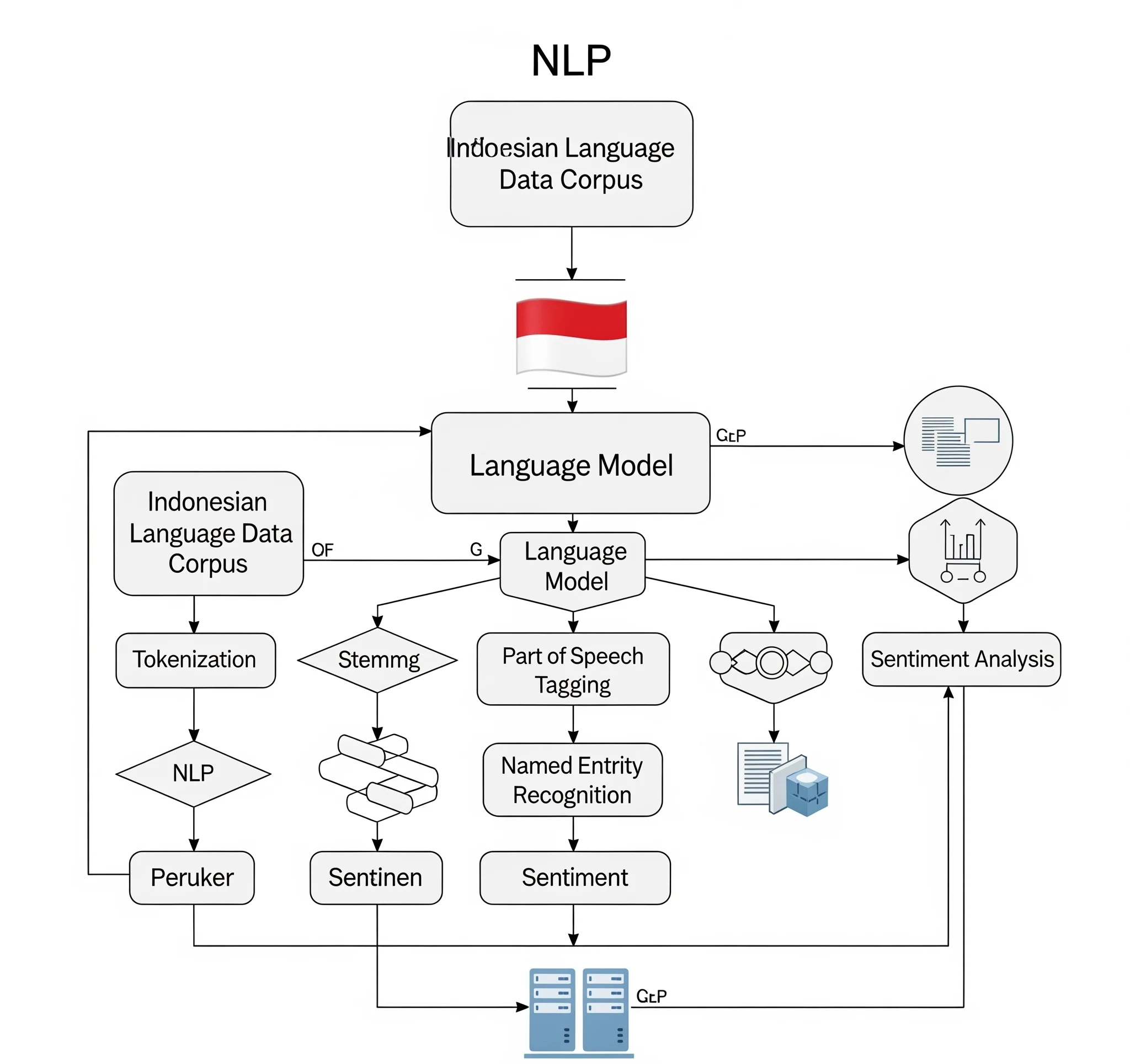Diagram alur yang menjelaskan cara kerja sistem Pemrosesan Bahasa Alami (NLP), menunjukkan Korpus Data Bahasa Indonesia masuk ke Model Bahasa (dengan ikon bendera Indonesia), terhubung ke Algoritma NLP, semuanya diduku