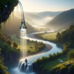 Gambar metafora tetesan air yang jatuh dan secara bertahap membentuk aliran sungai yang besar, melambangkan bahwa tindakan kecil yang konsisten dapat menciptakan dampak lingkungan yang signifikan.