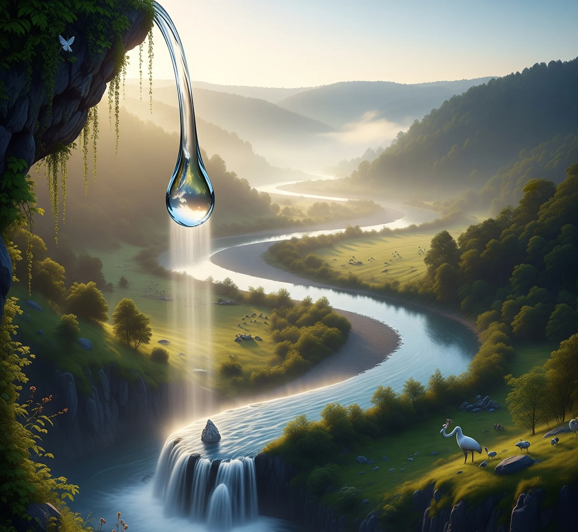 Gambar metafora tetesan air yang jatuh dan secara bertahap membentuk aliran sungai yang besar, melambangkan bahwa tindakan kecil yang konsisten dapat menciptakan dampak lingkungan yang signifikan.