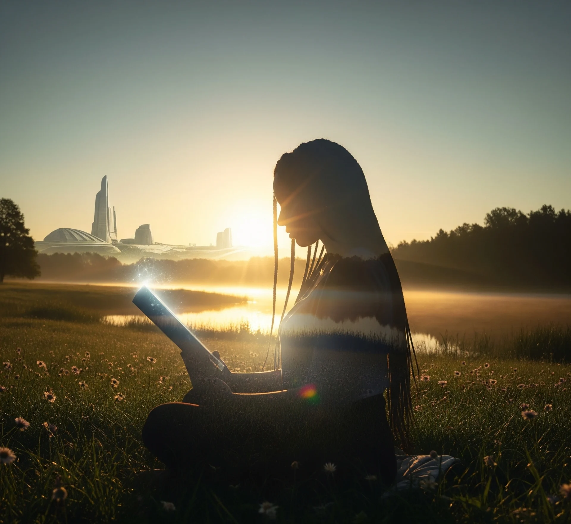 Gambar visual yang menarik dari pemandangan pagi yang tenang dengan siluet seseorang yang terlibat dalam aktivitas produktif seperti membaca atau bermeditasi saat matahari terbit, memadukan elemen digital dan alami.