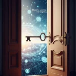 Gambar metafora sebuah kunci sederhana yang membuka pintu menuju dunia Machine Learning, melambangkan kemudahan akses dan pemahaman bagi pemula.