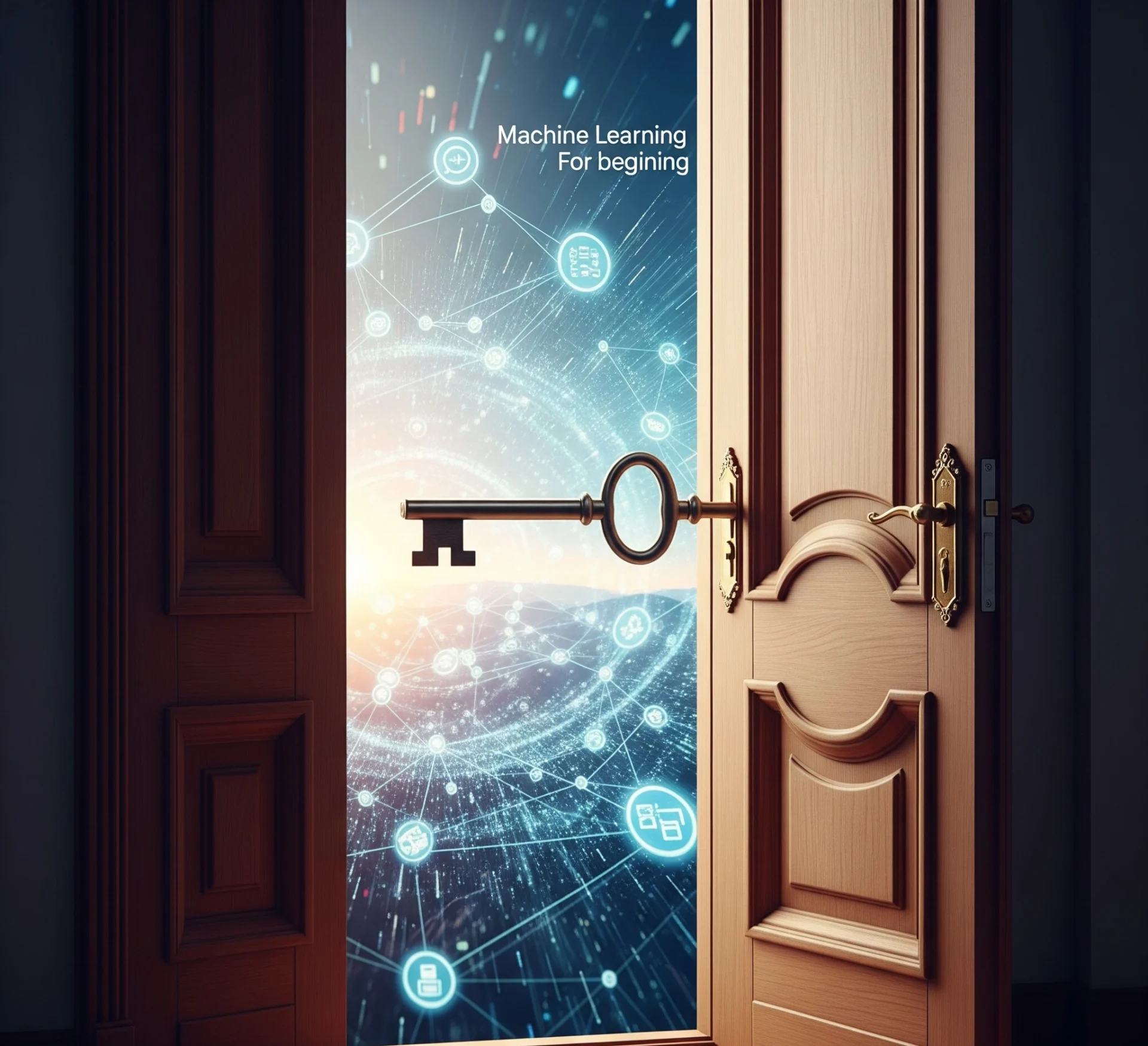 Gambar metafora sebuah kunci sederhana yang membuka pintu menuju dunia Machine Learning, melambangkan kemudahan akses dan pemahaman bagi pemula.