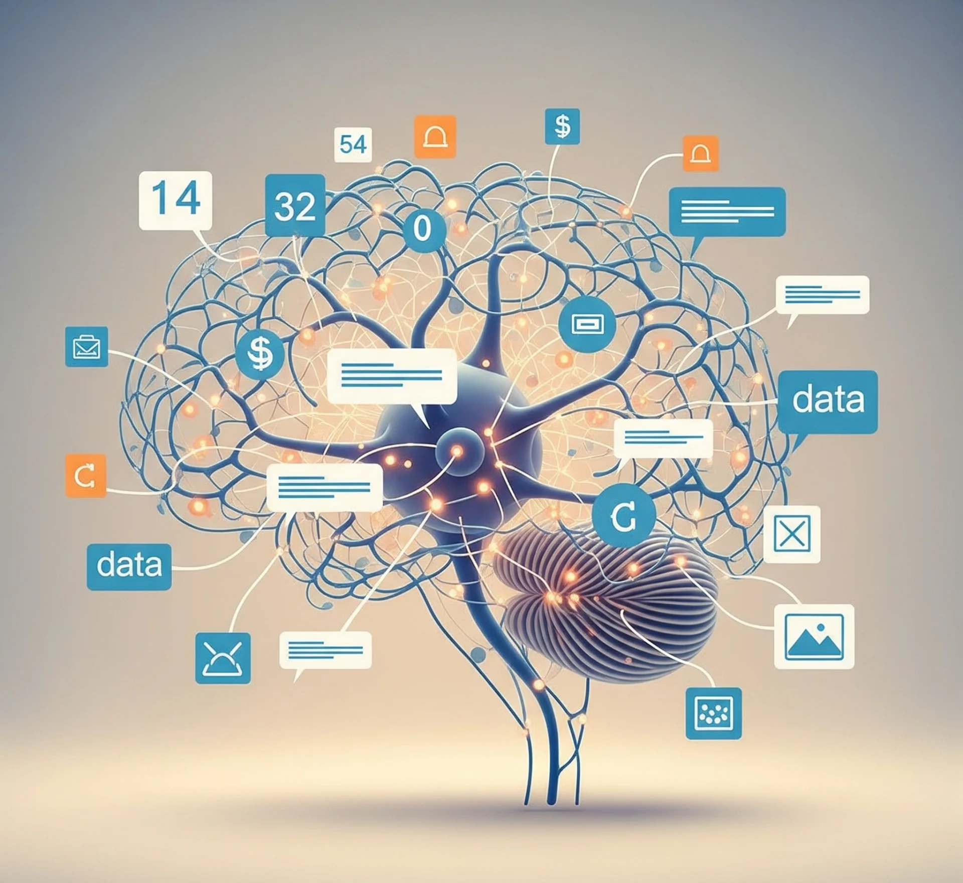 Gambar simbolis dan artistik yang merepresentasikan konsep Machine Learning yang disederhanakan: jaring saraf yang terhubung dengan ikon-ikon data sederhana (angka, teks, gambar), menunjukkan proses pembelajaran dari data, dengan pencahayaan yang lembut dan ramah.