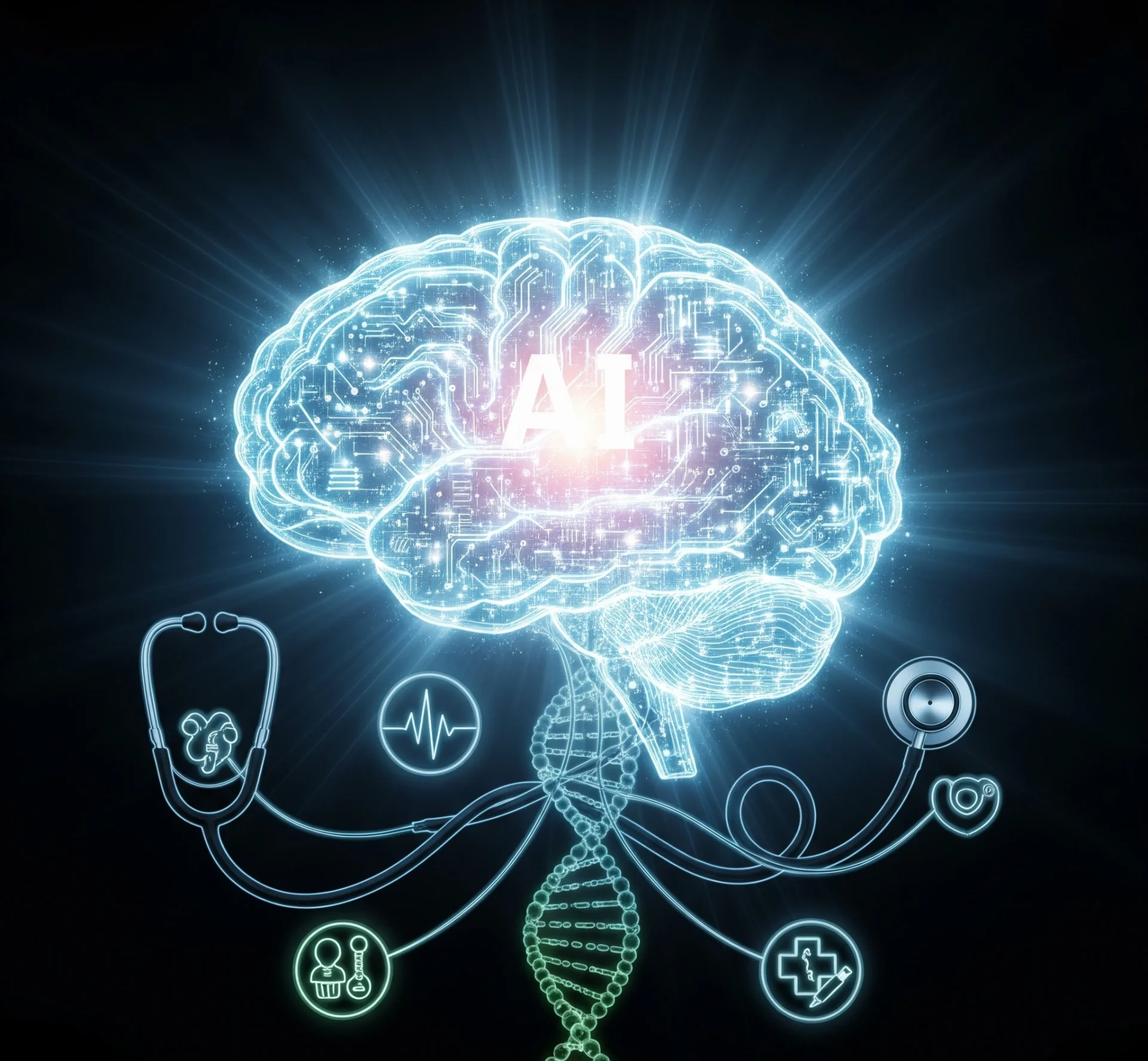 Gambar simbolis yang merepresentasikan AI dalam kesehatan: sebuah otak digital yang terintegrasi dengan simbol medis seperti stetoskop dan DNA, dengan cahaya yang memancar, melambangkan inovasi dan harapan di bidang medis.