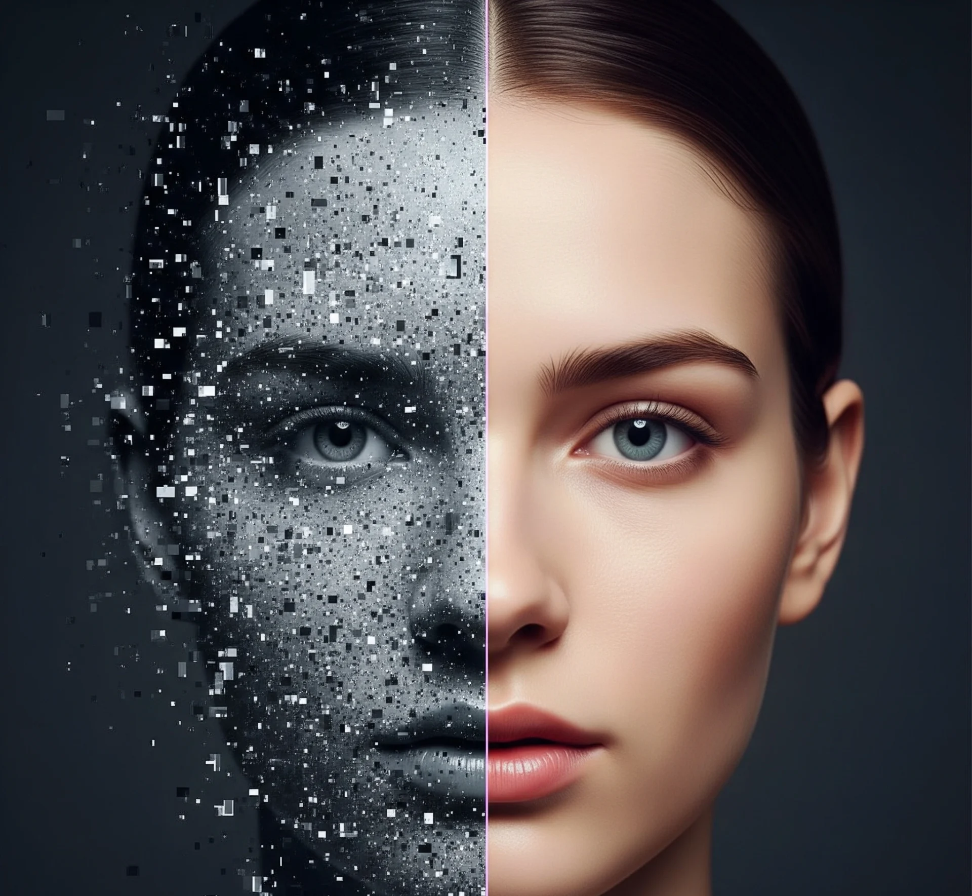 Gambar simbolis yang merepresentasikan paradoks teknologi deepfake: wajah manusia yang terdistorsi menjadi piksel digital di satu sisi, dan wajah yang sangat realistis di sisi lain, dengan garis pemisah yang samar, melambangkan batas tipis antara kenyataan dan ilusi digital.