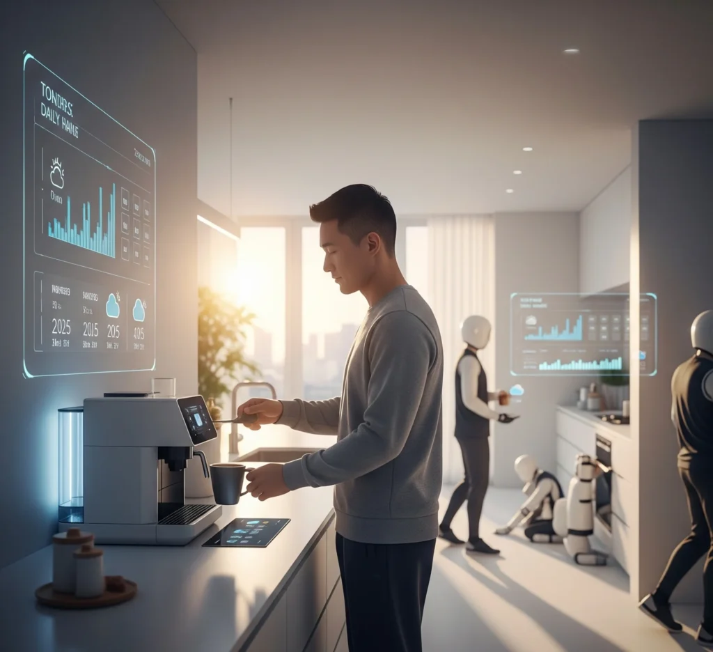 Pemandangan futuristik seseorang yang memulai hari dengan tenang dan terarah, dikelilingi oleh elemen teknologi yang mendukung tanpa mengganggu.