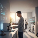 Pemandangan futuristik seseorang yang memulai hari dengan tenang dan terarah, dikelilingi oleh elemen teknologi yang mendukung tanpa mengganggu.