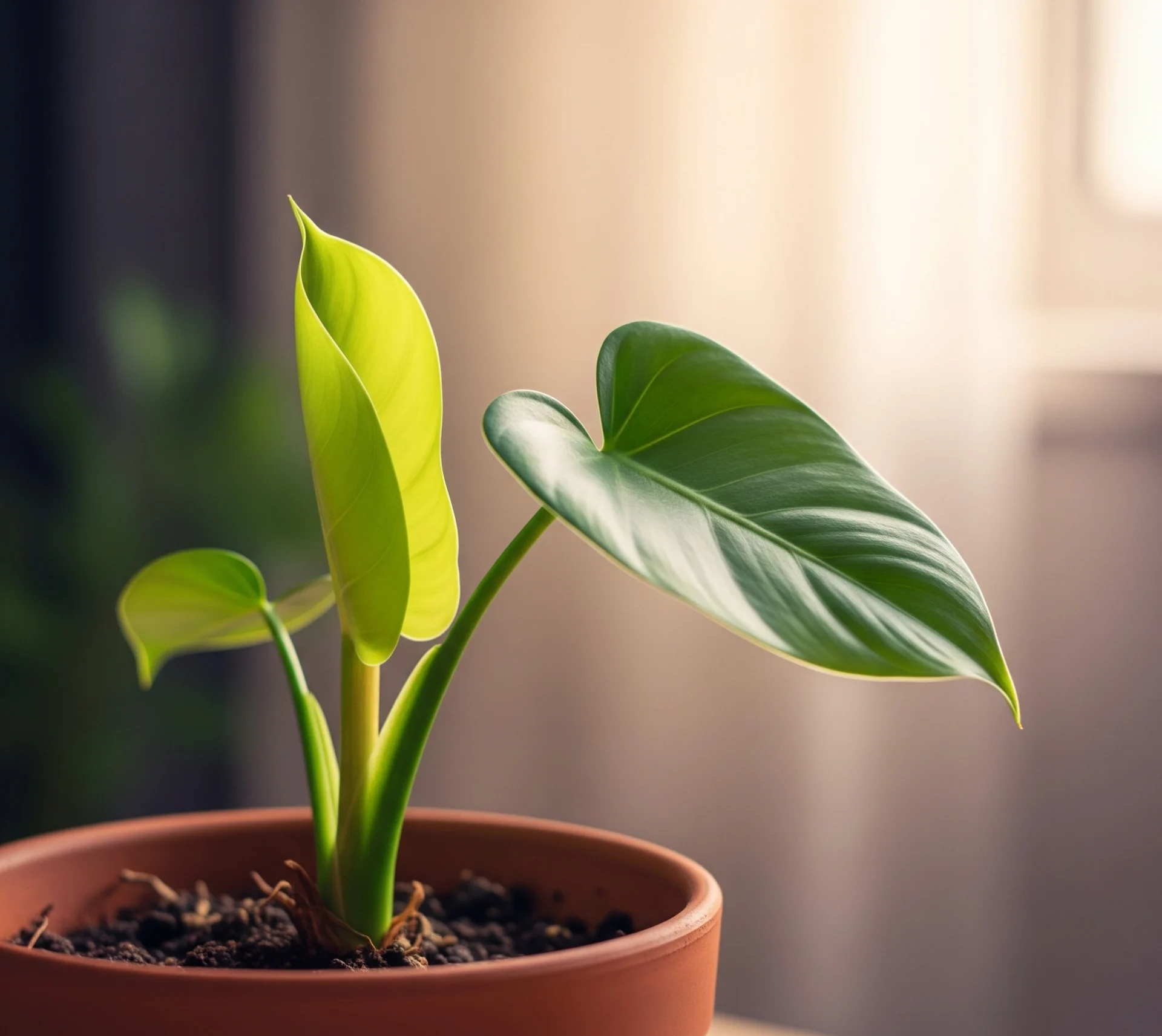 A person meditating in a minimalist, sunlit room, surrounded by subtle natural elements like a single plant, with a blurred background of a bustling city, symbolizing tranquility amidst chaos.