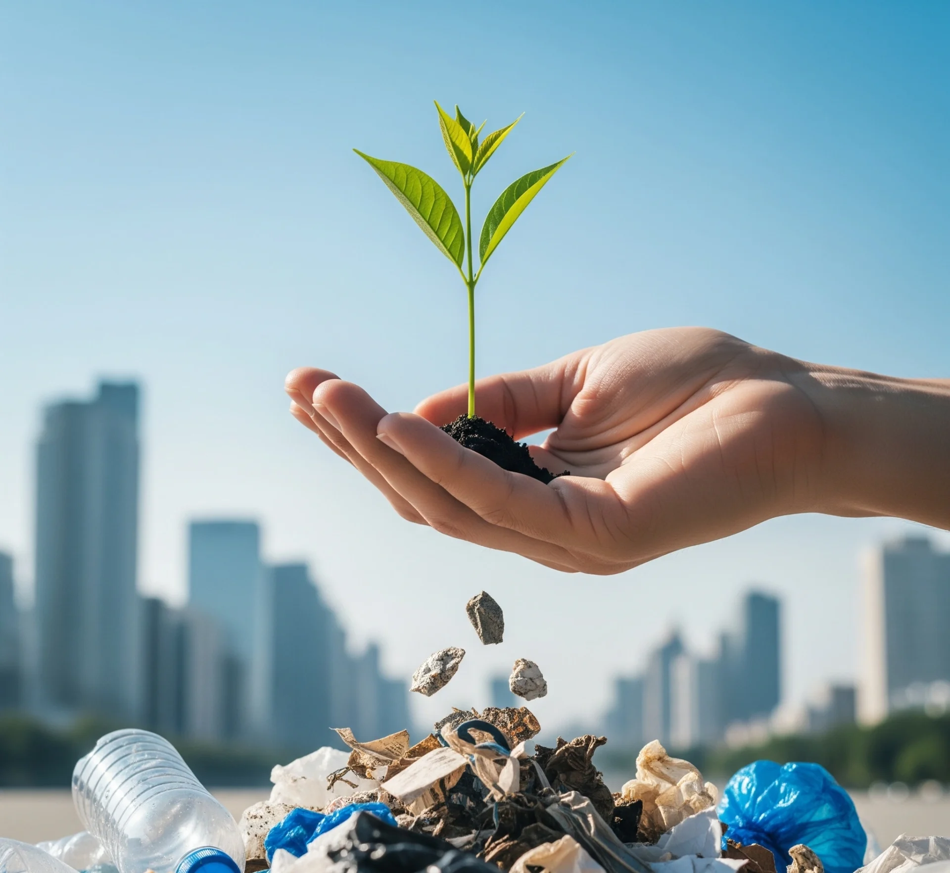 Tangan yang memegang tunas tanaman hijau di atas tumpukan sampah yang mengecil, dengan latar belakang lingkungan kota yang bersih dan langit biru. Melambangkan harapan dan dampak positif dari pengurangan sampah.