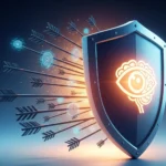 Gambar metafora sebuah perisai dengan ikon mata dan otak, melindungi dari panah-panah digital yang melambangkan deepfake dan misinformasi, menunjukkan pentingnya literasi digital sebagai pertahanan.