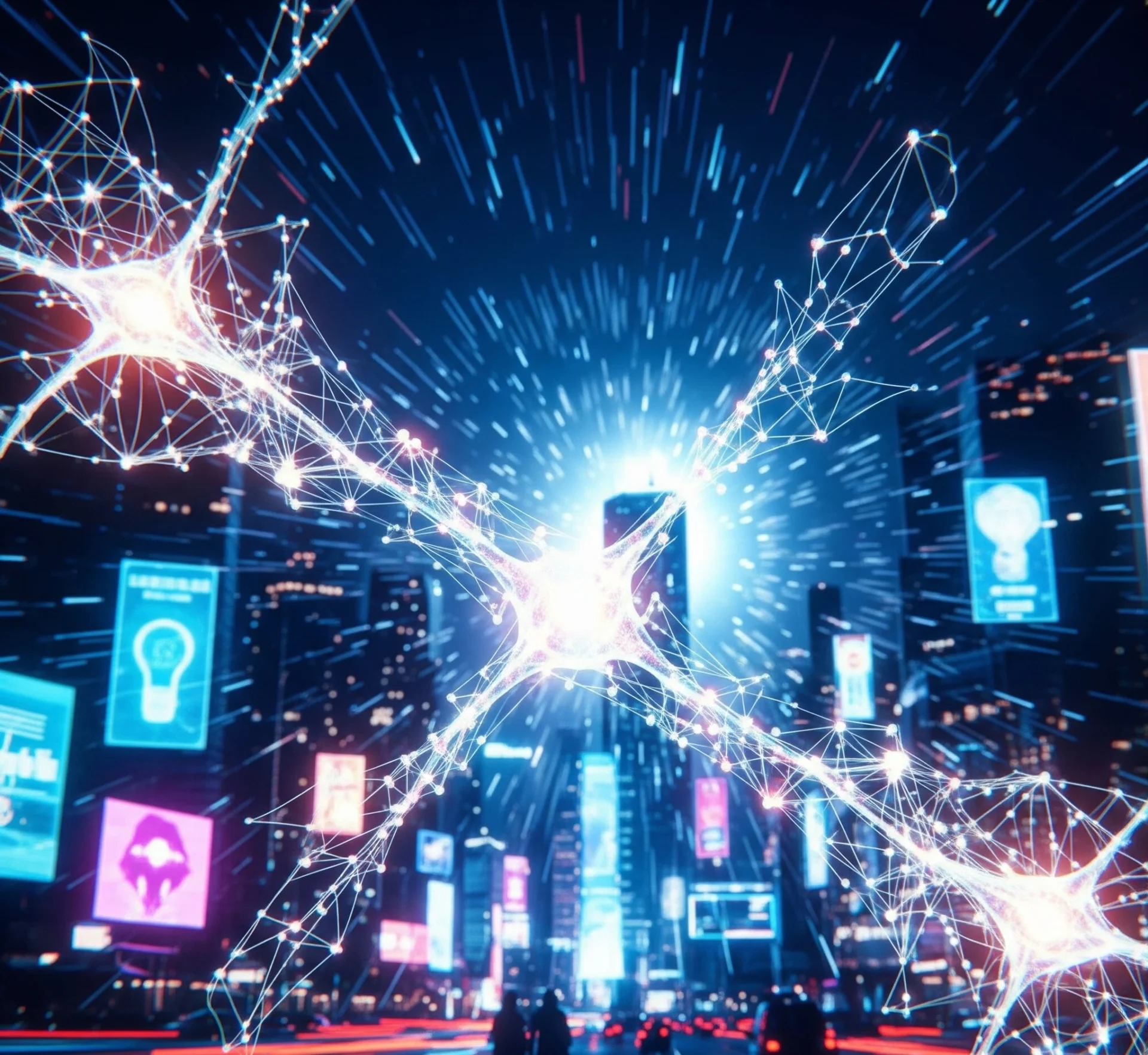 Gambar simbolis dan artistik yang merepresentasikan inovasi AI masa depan: jaringan saraf yang bercahaya dan saling terhubung, melambangkan ide-ide baru dan terobosan, dengan latar belakang digital yang dinamis dan pencahayaan futuristik.