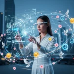 Pemandangan futuristik seseorang yang mengelola keuangan di antarmuka holografik, dikelilingi simbol pertumbuhan finansial dan kedamaian.