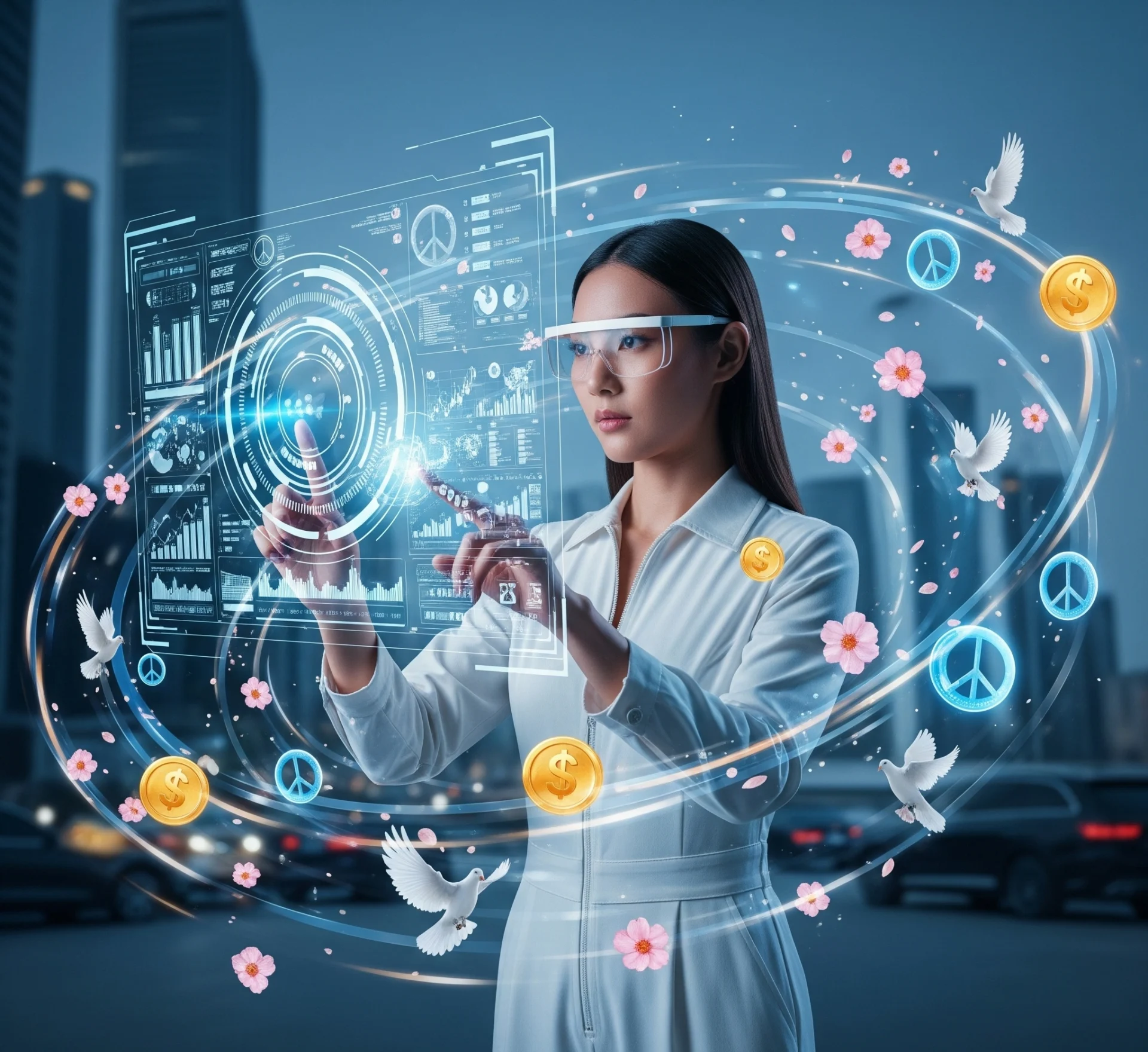 Pemandangan futuristik seseorang yang mengelola keuangan di antarmuka holografik, dikelilingi simbol pertumbuhan finansial dan kedamaian.