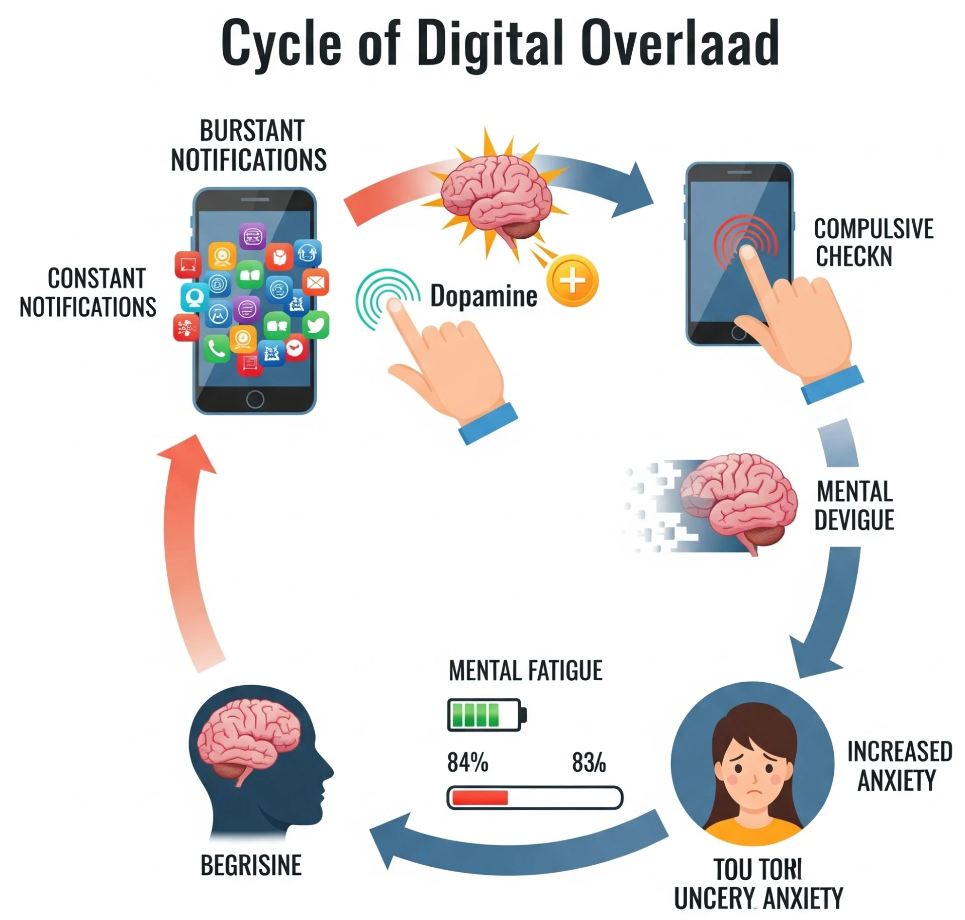 Infografis siklus kelebihan beban digital yang menunjukkan notifikasi konstan, pelepasan dopamin, pemeriksaan kompulsif, kelelahan mental, dan peningkatan kecemasan.