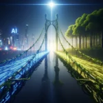 Gambar metafora sebuah jembatan yang menghubungkan inovasi teknologi AI dengan prinsip-prinsip etika, melambangkan pembangunan AI yang bertanggung jawab dan berkelanjutan.