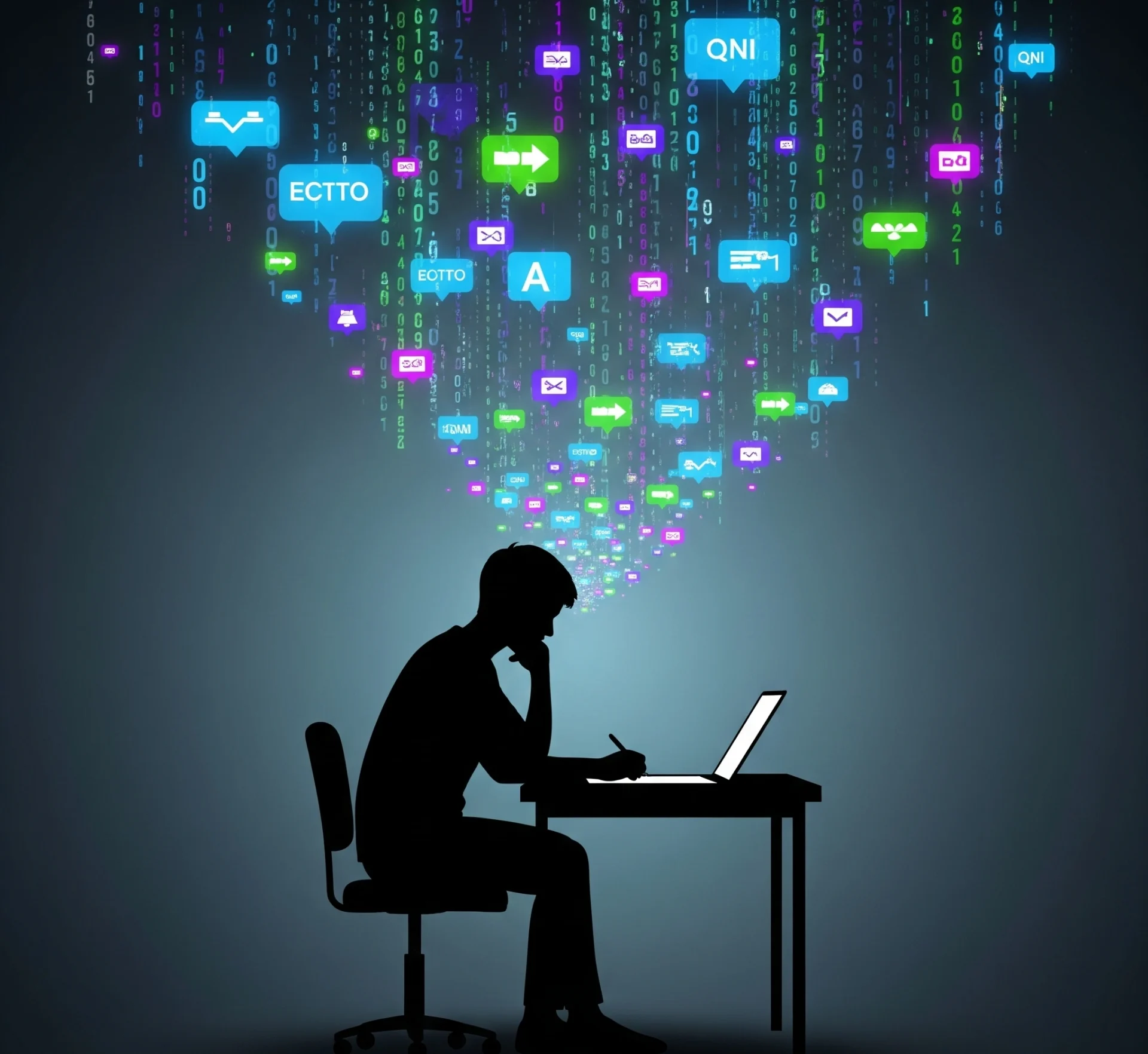Siluet seseorang mencoba fokus, namun pikirannya tertarik oleh notifikasi digital yang bersinar dan aliran data, melambangkan paradoks optimasi perhatian.