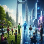 Gambar metafora sebuah jembatan yang menghubungkan dua sisi, satu sisi merepresentasikan manusia dan sisi lainnya merepresentasikan AI, melambangkan kolaborasi dan sinergi.