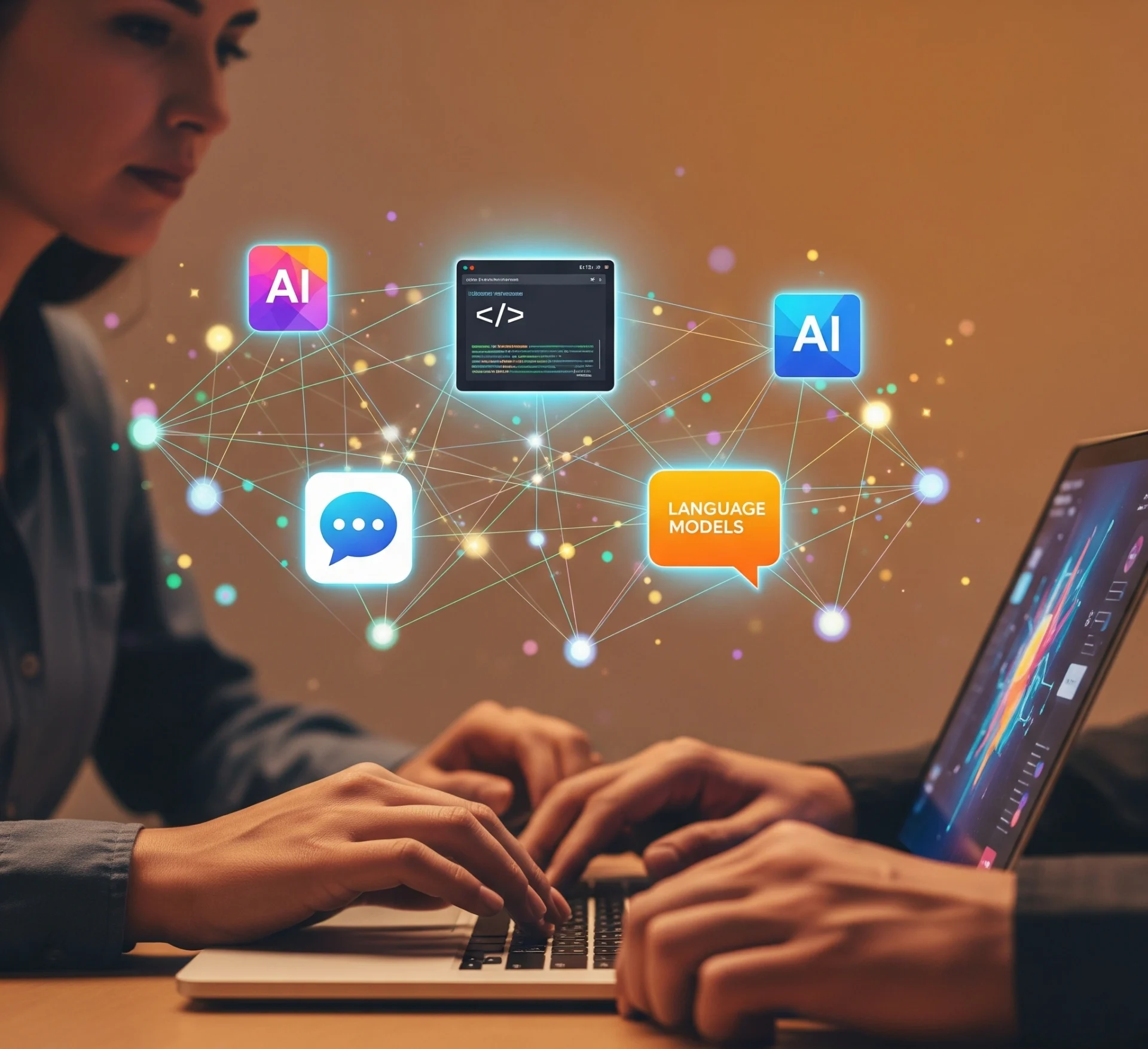 Gambar simbolis yang merepresentasikan beragam alat AI gratis: berbagai ikon aplikasi yang bersinar, terhubung oleh jaringan digital, melayang di atas tangan manusia yang sedang bekerja di laptop, menunjukkan kemudahan dan aksesibilitas teknologi.