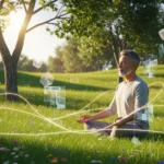 Pemandangan tenang di mana seseorang bermeditasi dengan damai, dengan elemen digital yang terintegrasi secara halus seperti cahaya lembut atau antarmuka minimalis yang menyatu dengan alam, melambangkan kehidupan digital yang harmonis.